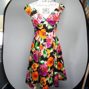 Lillie Rubin Retro Bold Floral Fit and Flare Dress Black Orange Pink 4 Statement